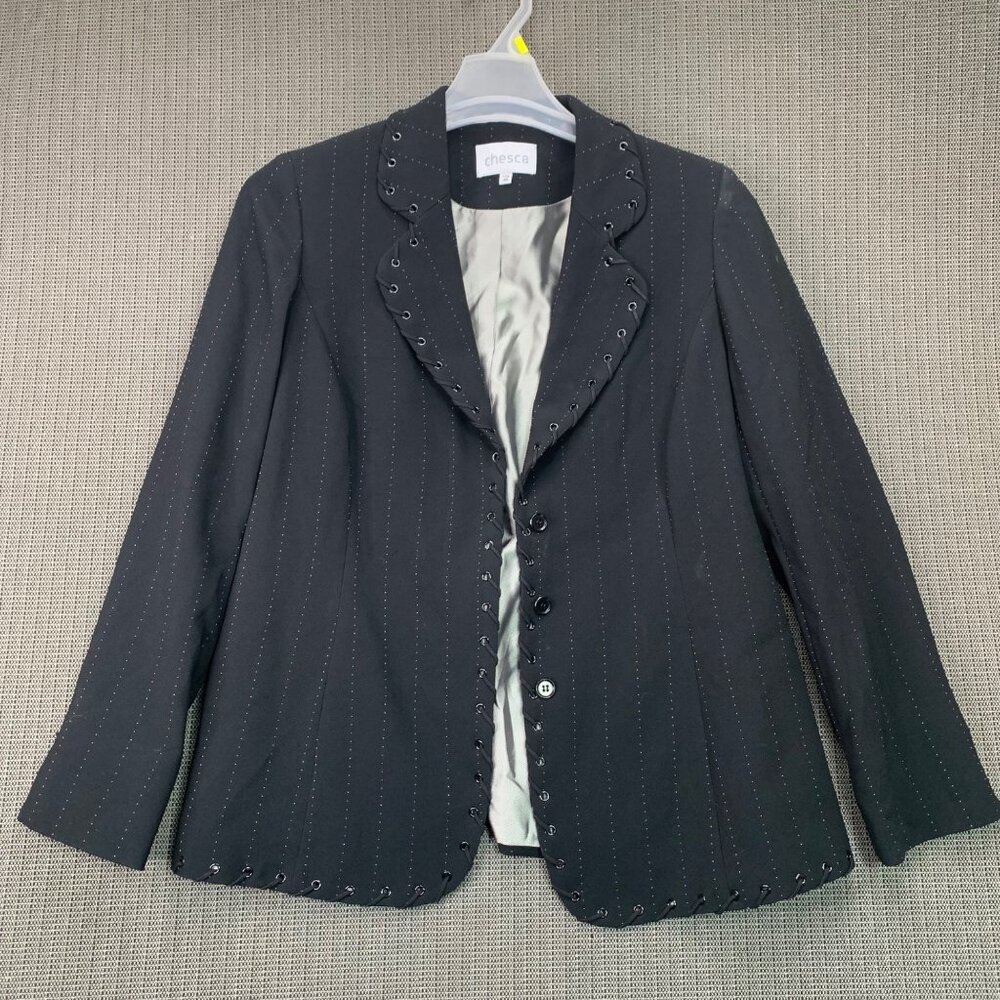 Chesca Womens Black Pinstripe Blazer W/ Lace-Up Detail Size 16 Single-Breasted - Picture 1 of 10